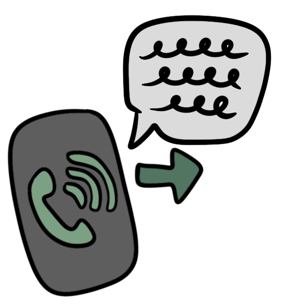 a gray cell phone with a green call symbol on it and a green arrow beside it next to a white speech bubble with fake cursive in it.